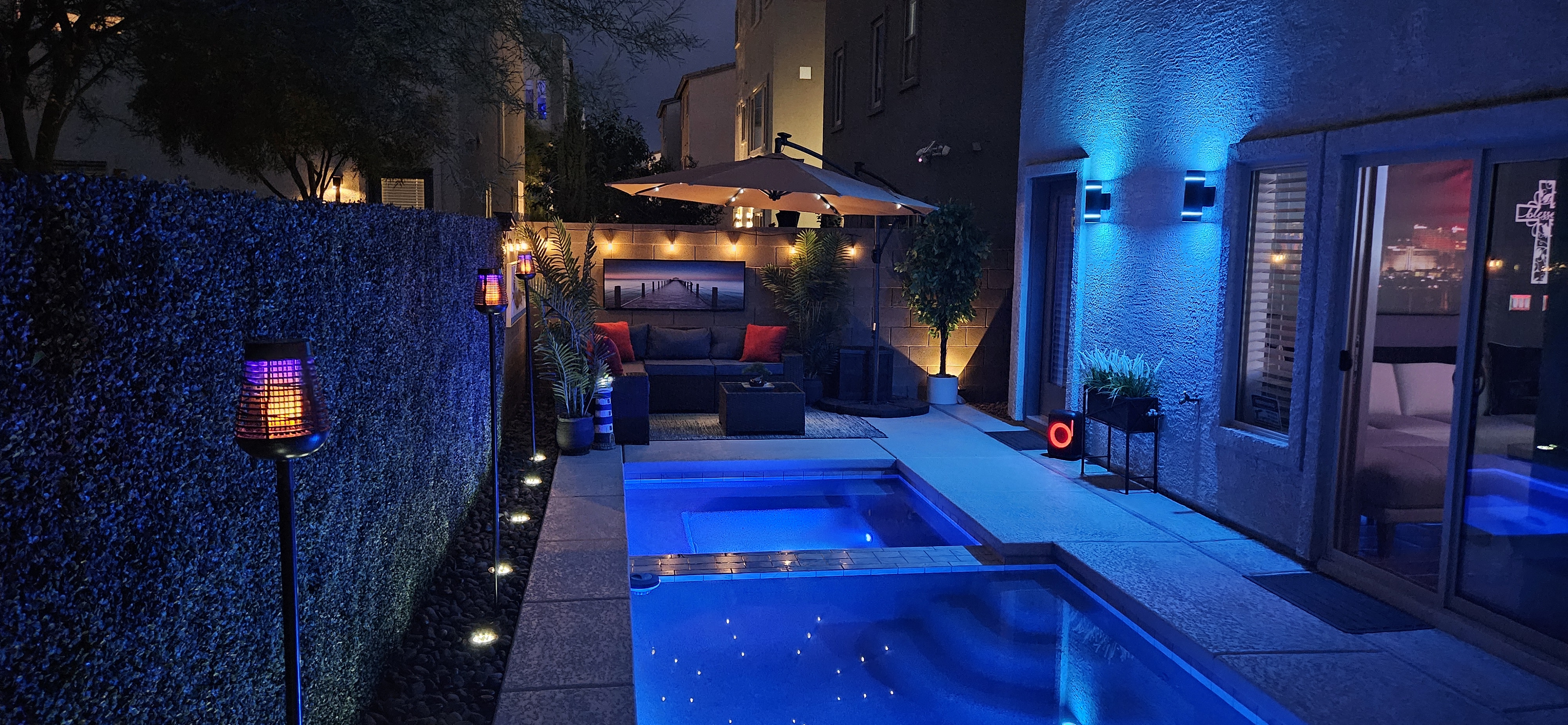 LED-lit pool at night